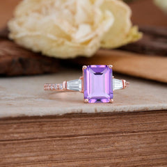 3 Carat Emerald Cut Amethyst Ring Three Stone Engagement Ring
