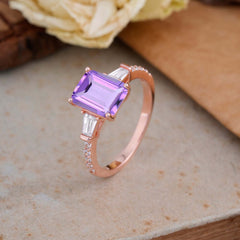 3 Carat Emerald Cut Amethyst Ring Three Stone Engagement Ring