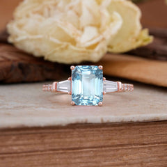 3 Carat Emerald Cut Aquamarine Ring Three Stone Engagement Ring