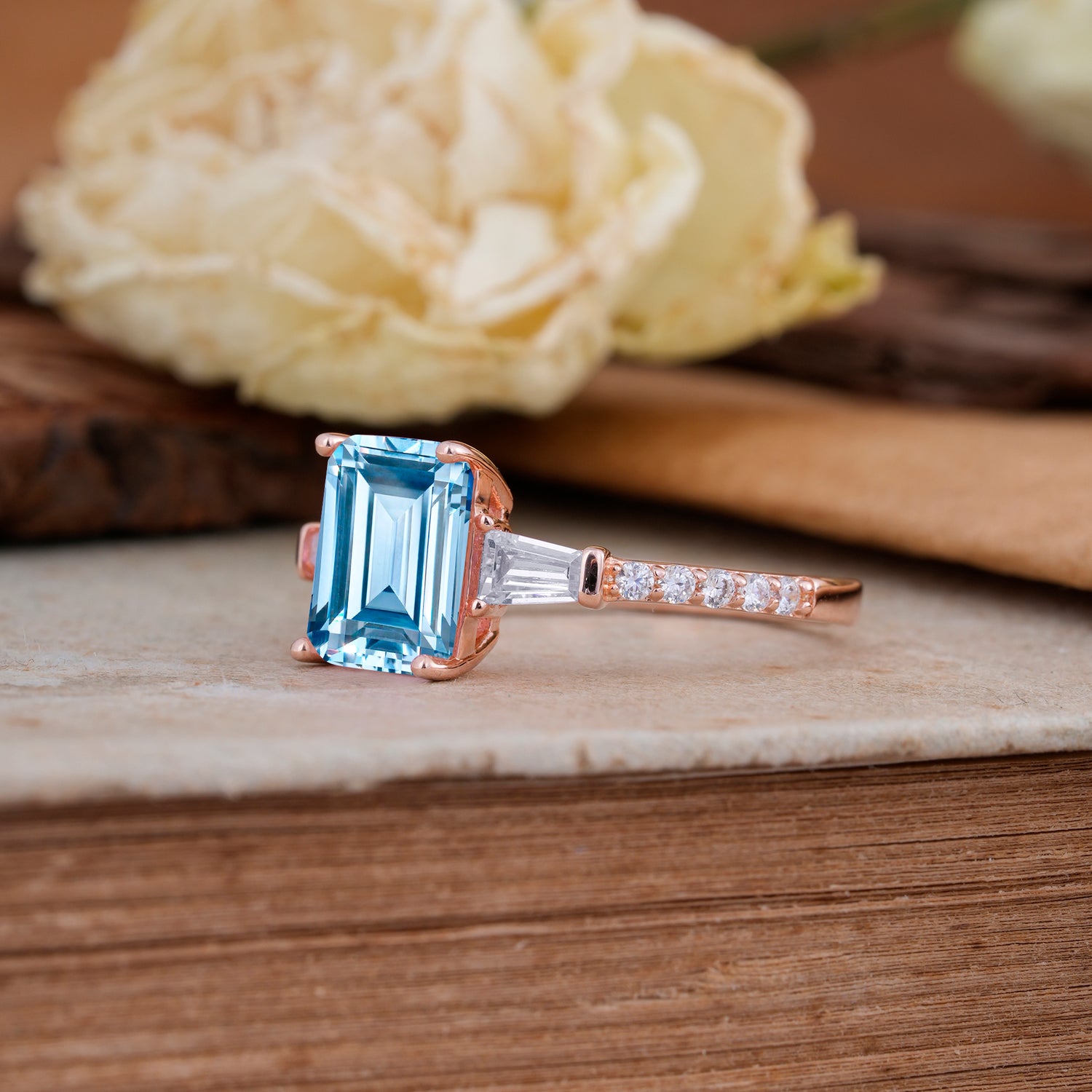 3 Carat Emerald Cut Aquamarine Ring Three Stone Engagement Ring