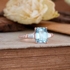 3 Carat Emerald Cut Aquamarine Ring Three Stone Engagement Ring