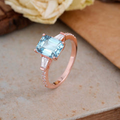 3 Carat Emerald Cut Aquamarine Ring Three Stone Engagement Ring