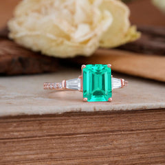 3 Carat Emerald Cut Emerald Ring Three Stone Engagement Ring