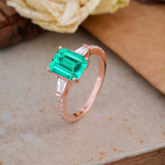 3 Carat Emerald Cut Emerald Ring Three Stone Engagement Ring