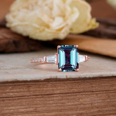 3 Carat Emerald Cut Alexandrite Ring Three Stone Engagement Ring