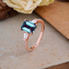 3 Carat Emerald Cut Alexandrite Ring Three Stone Engagement Ring