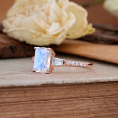 3 Carat Emerald Cut Moonstone Ring Three Stone Engagement Ring