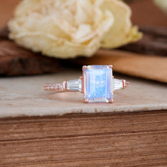 3 Carat Emerald Cut Moonstone Ring Three Stone Engagement Ring