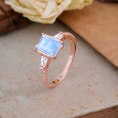 3 Carat Emerald Cut Moonstone Ring Three Stone Engagement Ring