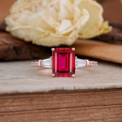3 Carat Emerald Cut Ruby Ring Three Stone Engagement Ring