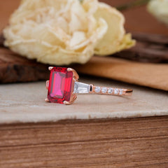 3 Carat Emerald Cut Ruby Ring Three Stone Engagement Ring