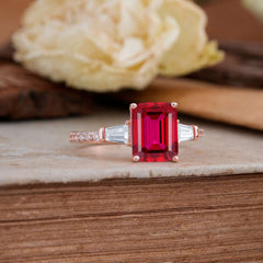 3 Carat Emerald Cut Ruby Ring Three Stone Engagement Ring