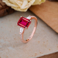 3 Carat Emerald Cut Ruby Ring Three Stone Engagement Ring
