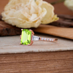 3 Carat Emerald Cut Peridot Ring Three Stone Engagement Ring