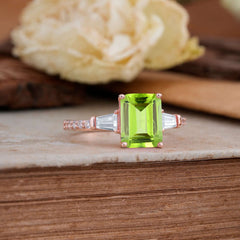 3 Carat Emerald Cut Peridot Ring Three Stone Engagement Ring
