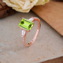 3 Carat Emerald Cut Peridot Ring Three Stone Engagement Ring