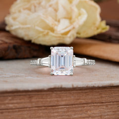 3 Carat Emerald Cut Moissanite Ring Three Stone Engagement Ring