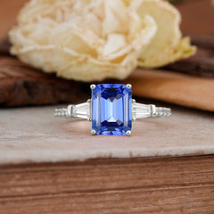 3 Carat Emerald Cut Sapphire Ring Three Stone Engagement Ring