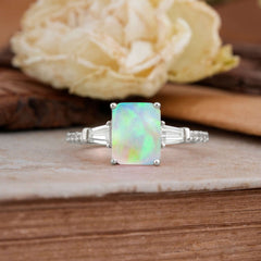 3 Carat Emerald Cut Opal Ring Three Stone Engagement Ring