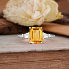 3 Carat Emerald Cut Citrine Ring Three Stone Engagement Ring