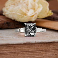 3 Carat Emerald Cut Black Rutilated Quartz Ring Three Stone Engagement Ring