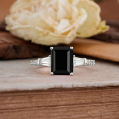 3 Carat Emerald Cut Black Onyx Ring Three Stone Engagement Ring