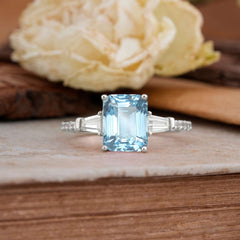 3 Carat Emerald Cut Aquamarine Ring Three Stone Engagement Ring