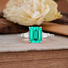3 Carat Emerald Cut Emerald Ring Three Stone Engagement Ring
