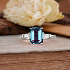 3 Carat Emerald Cut Alexandrite Ring Three Stone Engagement Ring