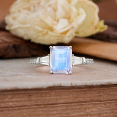 3 Carat Emerald Cut Moonstone Ring Three Stone Engagement Ring