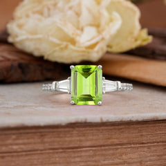 3 Carat Emerald Cut Peridot Ring Three Stone Engagement Ring