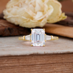 3 Carat Emerald Cut Moissanite Ring Three Stone Engagement Ring