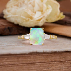 3 Carat Emerald Cut Opal Ring Three Stone Engagement Ring