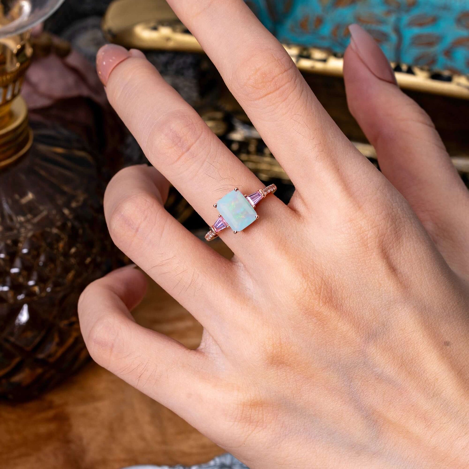 3 Carat Emerald Cut Opal Ring Three Stone Engagement Ring
