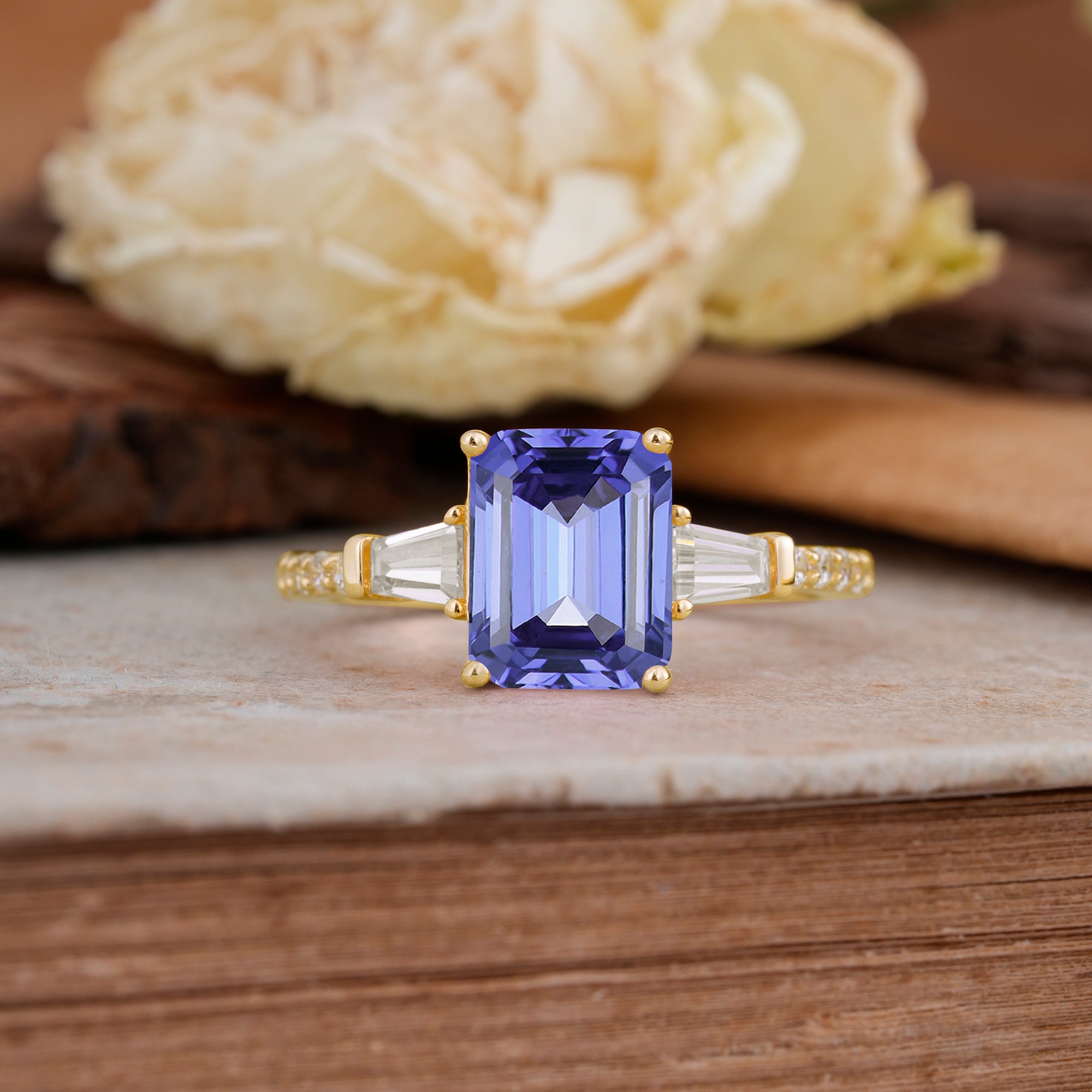 3 Carat Emerald Cut Tanzanite Ring Three Stone Engagement Ring - Romalar Jewelry