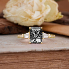 3 Carat Emerald Cut Black Rutilated Quartz Ring Three Stone Engagement Ring