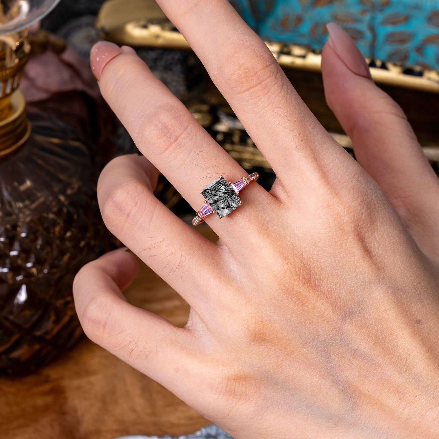 3 Carat Emerald Cut Black Rutilated Quartz Ring Three Stone Engagement Ring