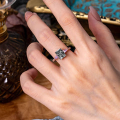 3 Carat Emerald Cut Black Rutilated Quartz Ring Three Stone Engagement Ring