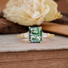 3 Carat Emerald Cut Moss Agate Ring Three Stone Engagement Ring