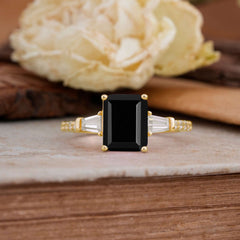3 Carat Emerald Cut Black Onyx Ring Three Stone Engagement Ring