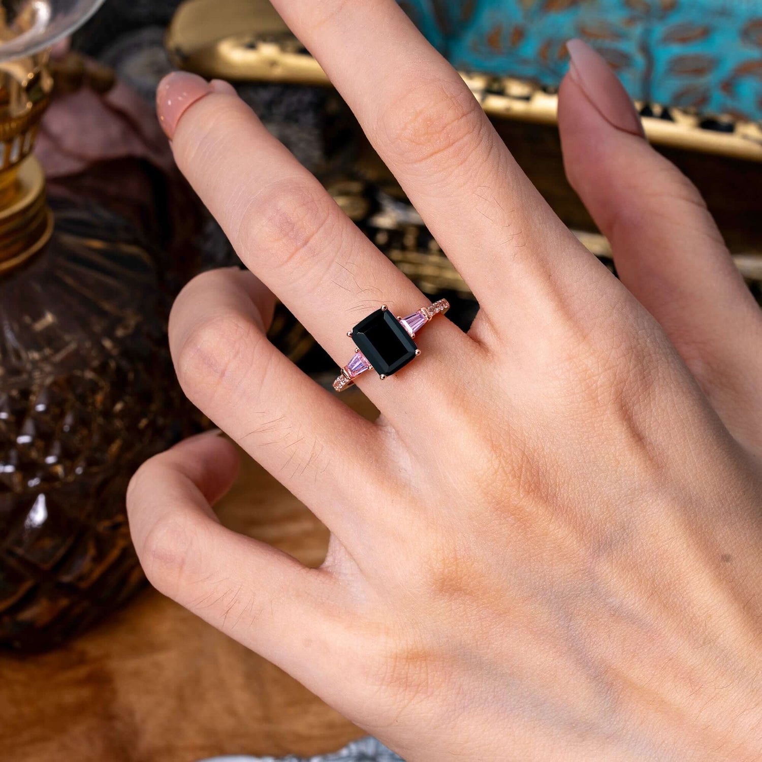 3 Carat Emerald Cut Black Onyx Ring Three Stone Engagement Ring