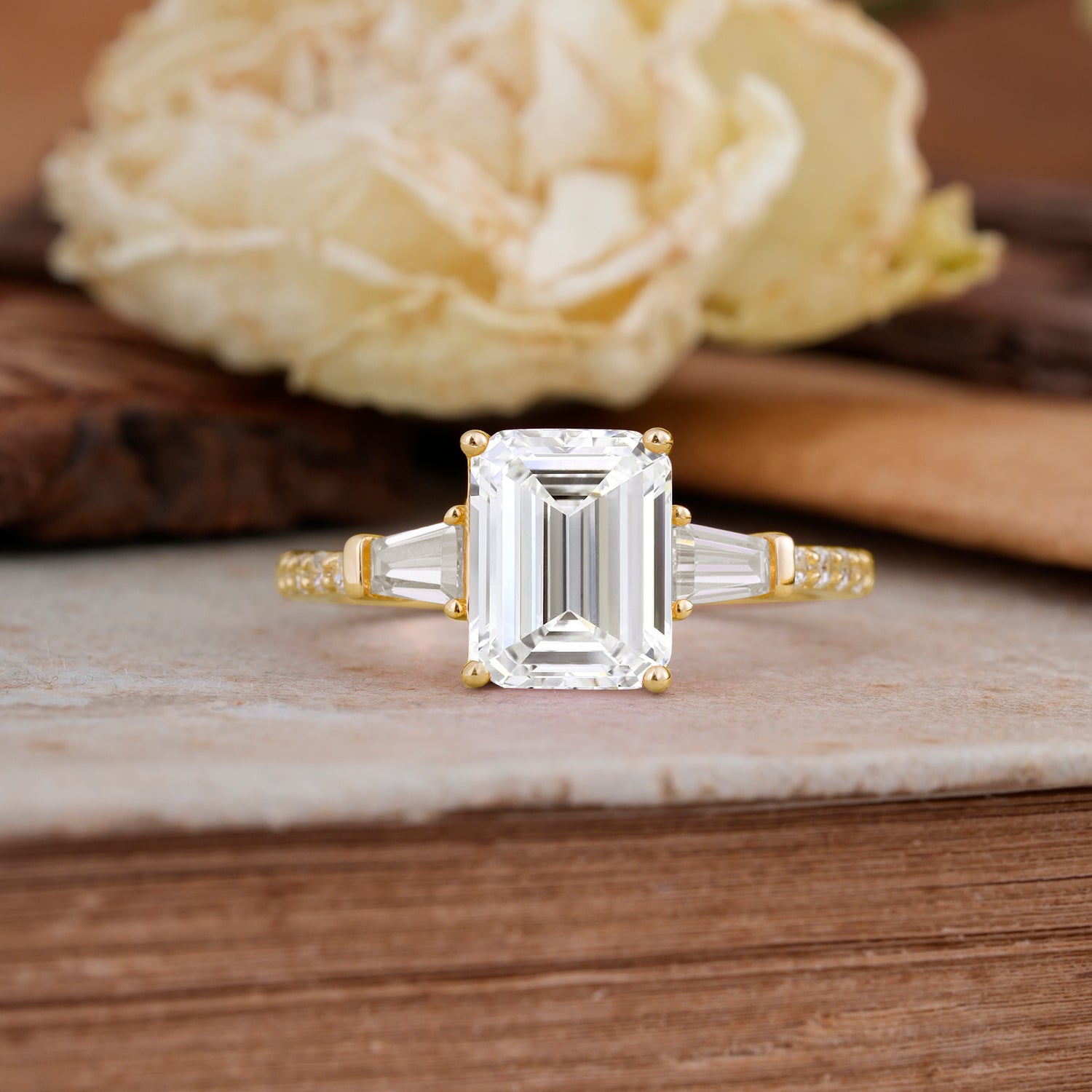 3 Carat Emerald Cut Lab Diamond Ring Three Stone Engagement Ring