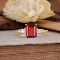 3 Carat Emerald Cut Garnet Ring Three Stone Engagement Ring