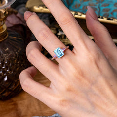 3 Carat Emerald Cut Aquamarine Ring Three Stone Engagement Ring