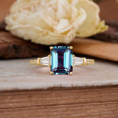 3 Carat Emerald Cut Alexandrite Ring Three Stone Engagement Ring