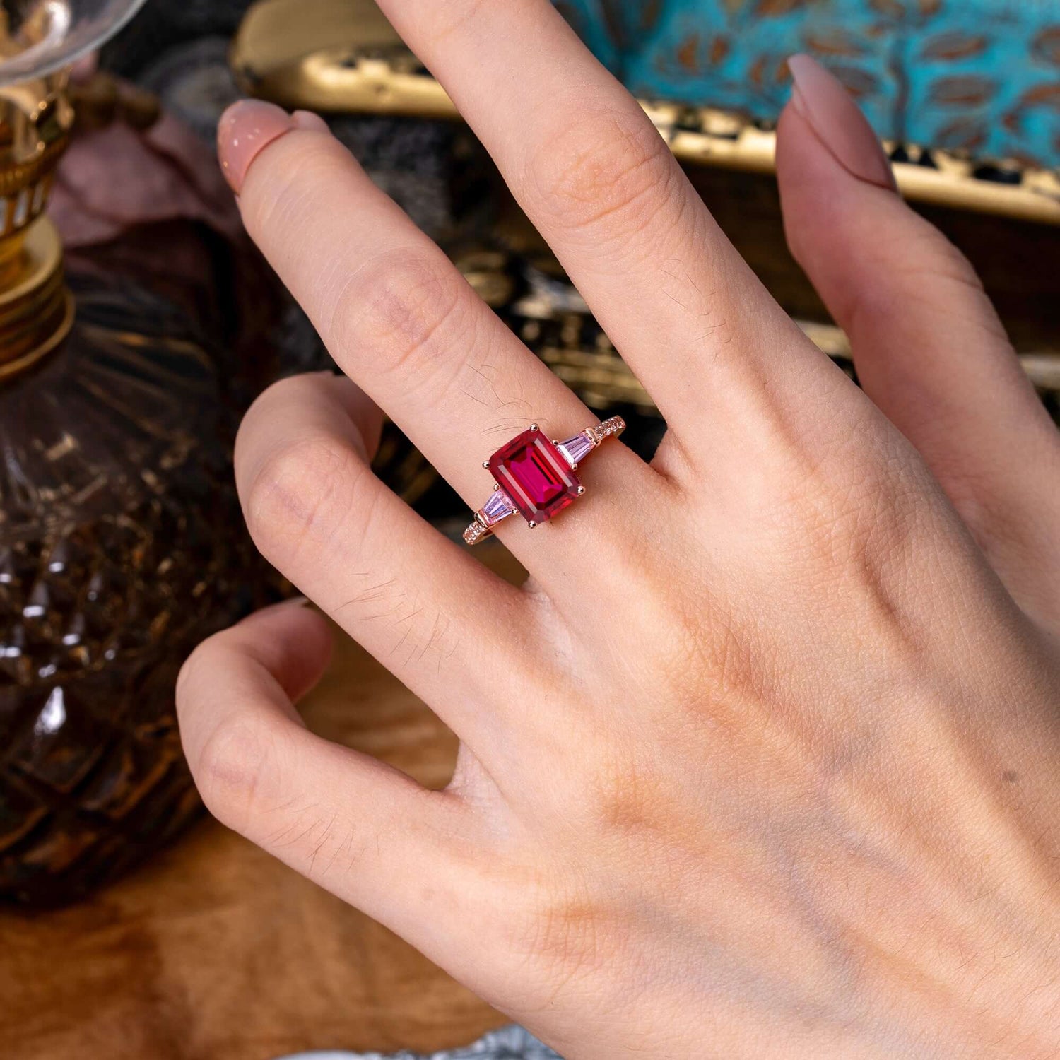 3 Carat Emerald Cut Ruby Ring Three Stone Engagement Ring