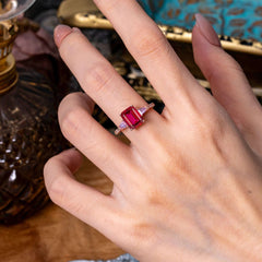 3 Carat Emerald Cut Ruby Ring Three Stone Engagement Ring