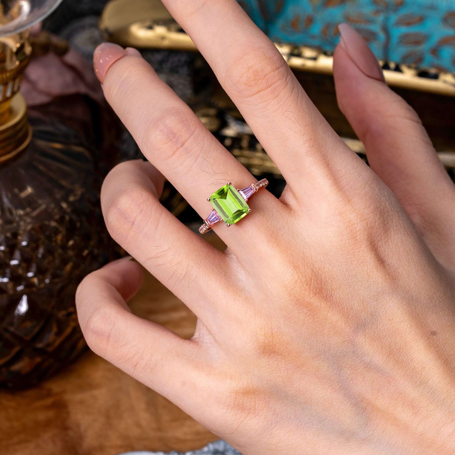 3 Carat Emerald Cut Peridot Ring Three Stone Engagement Ring