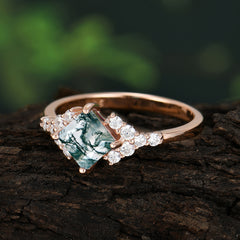 Dainty Princess Cut Moss Agate Enagement Ring Vintage Side Stone Ring