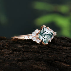 Dainty Princess Cut Moss Agate Enagement Ring Vintage Side Stone Ring